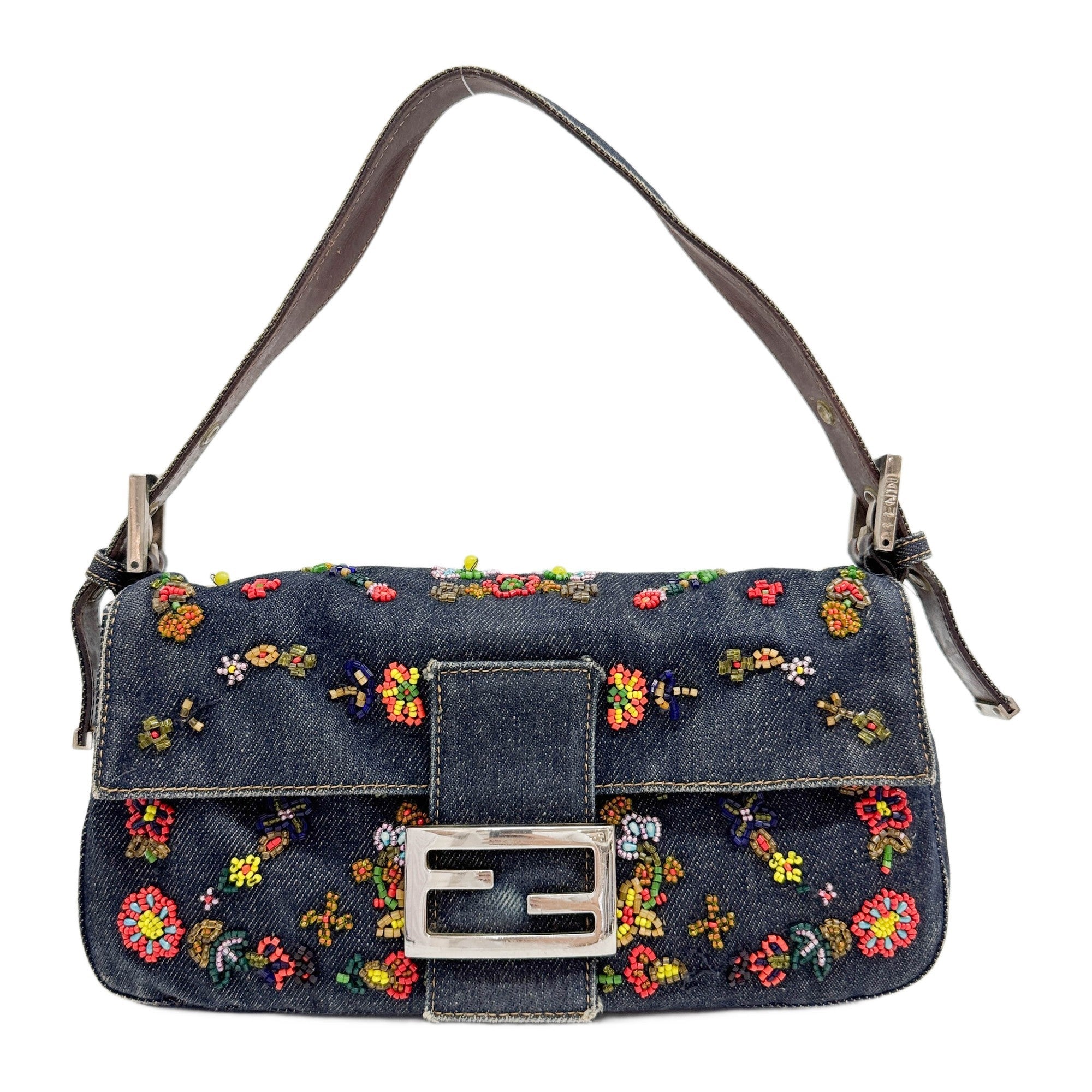 Baguette Floral Beaded Blue Denim Shoulder Bag