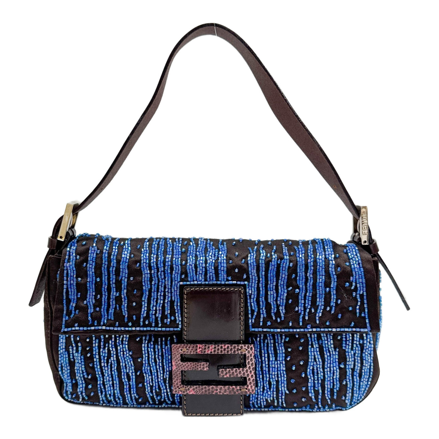 Baguette Bead Embroidered Brown Satin Shoulder Bag