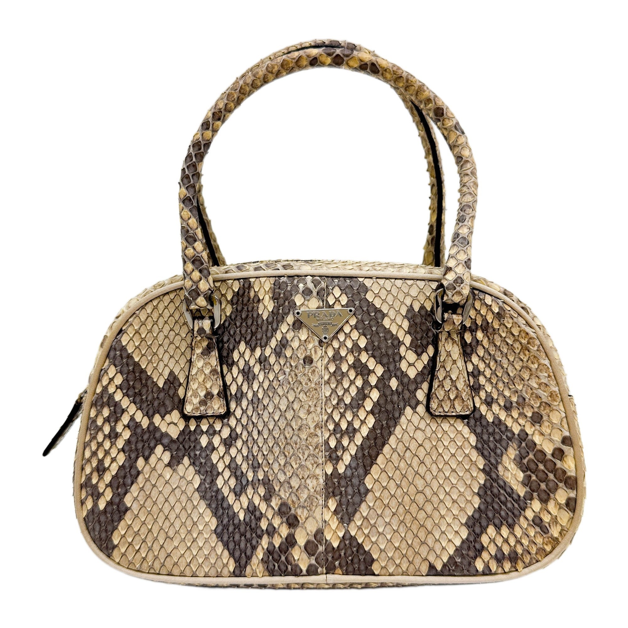 Mini Bowler Beige Embossed Python Leather Hand Bag