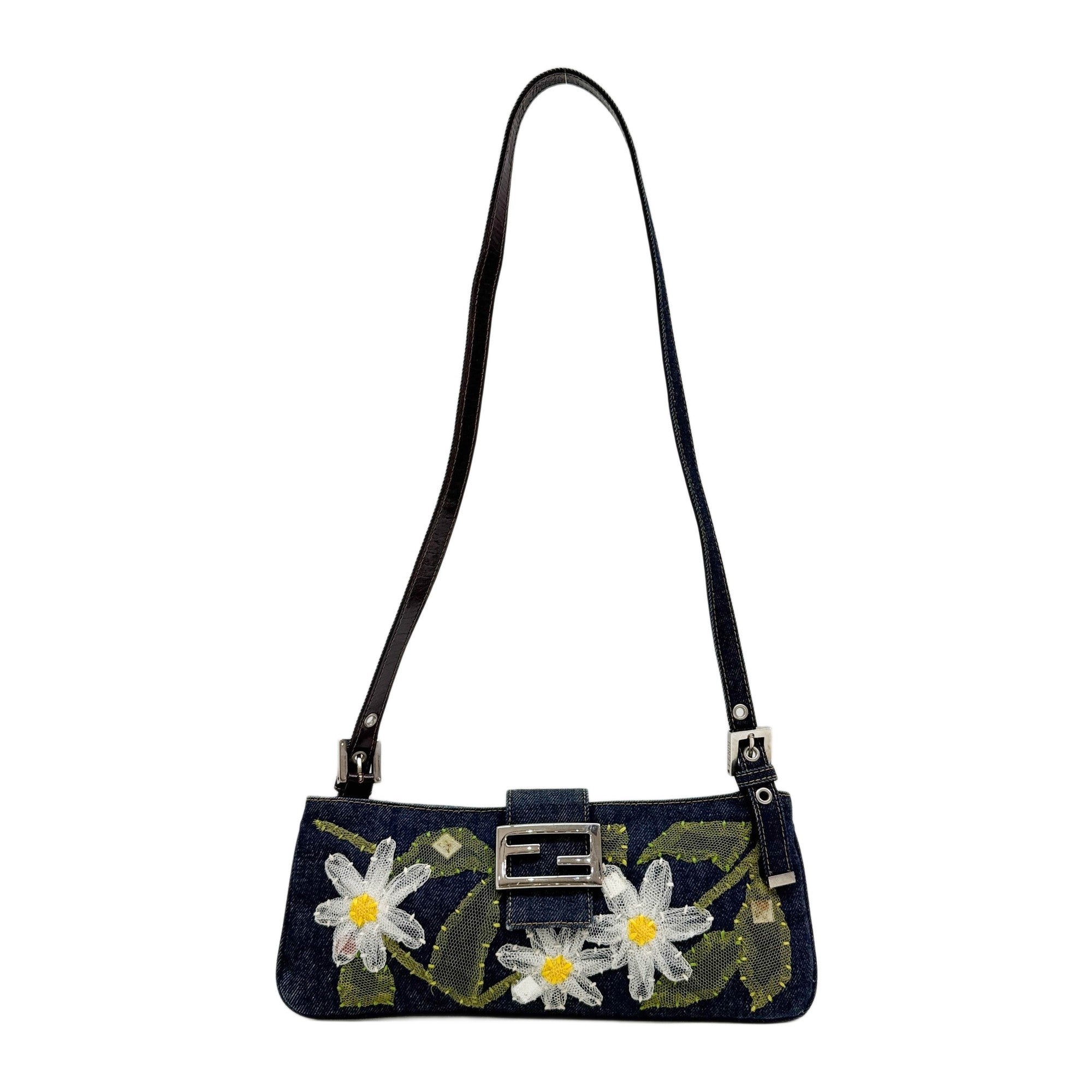 Flower Embroidery Navy Denim Shoulder Bag
