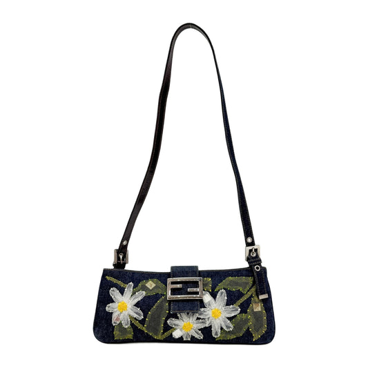Flower Embroidery Navy Denim Shoulder Bag