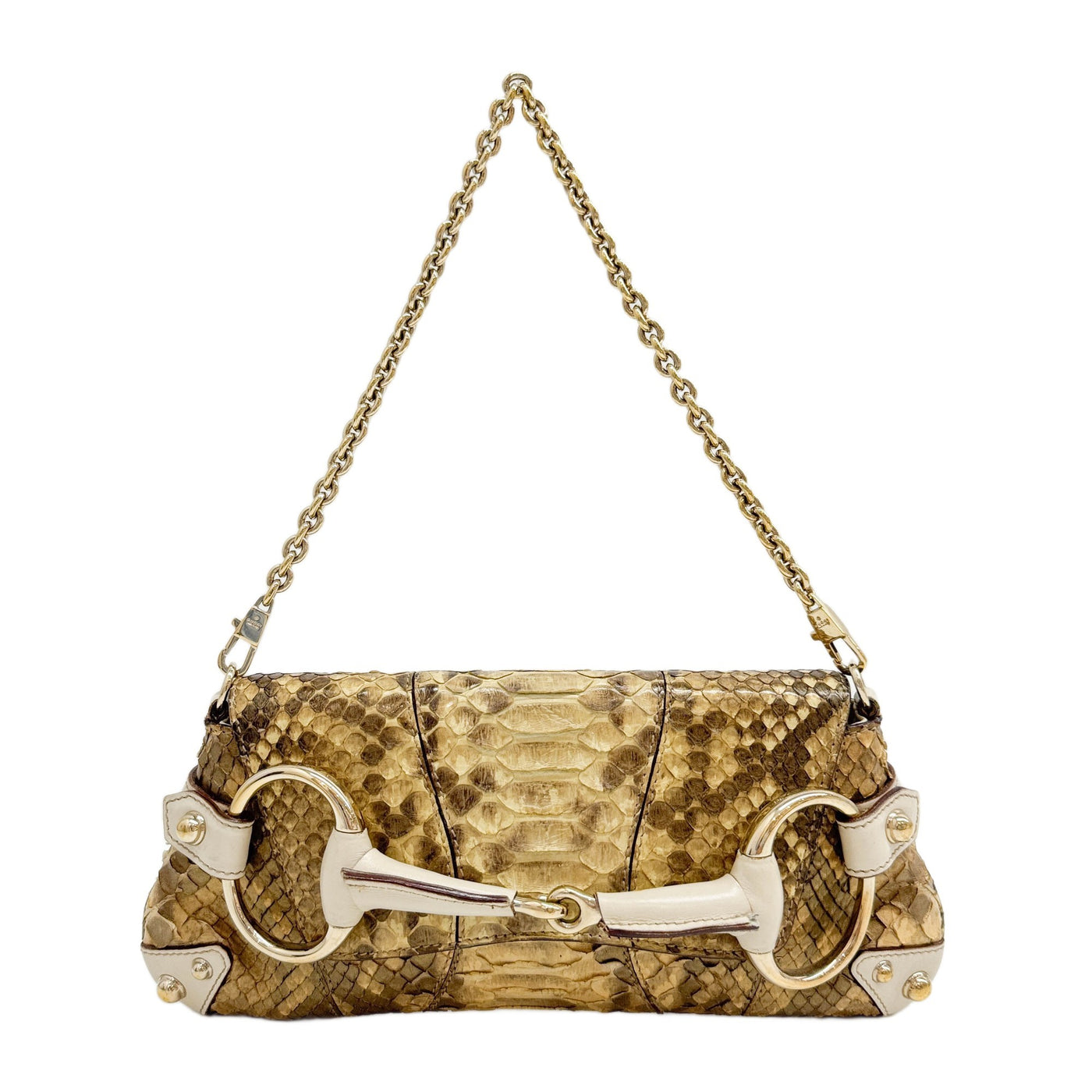 Horsebit Chain Beige Trim Gold Embossed Python Leather Shoulder Bag