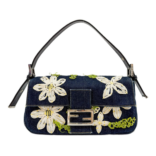 Baguette Flower Embroidery Navy Denim Shoulder Bag