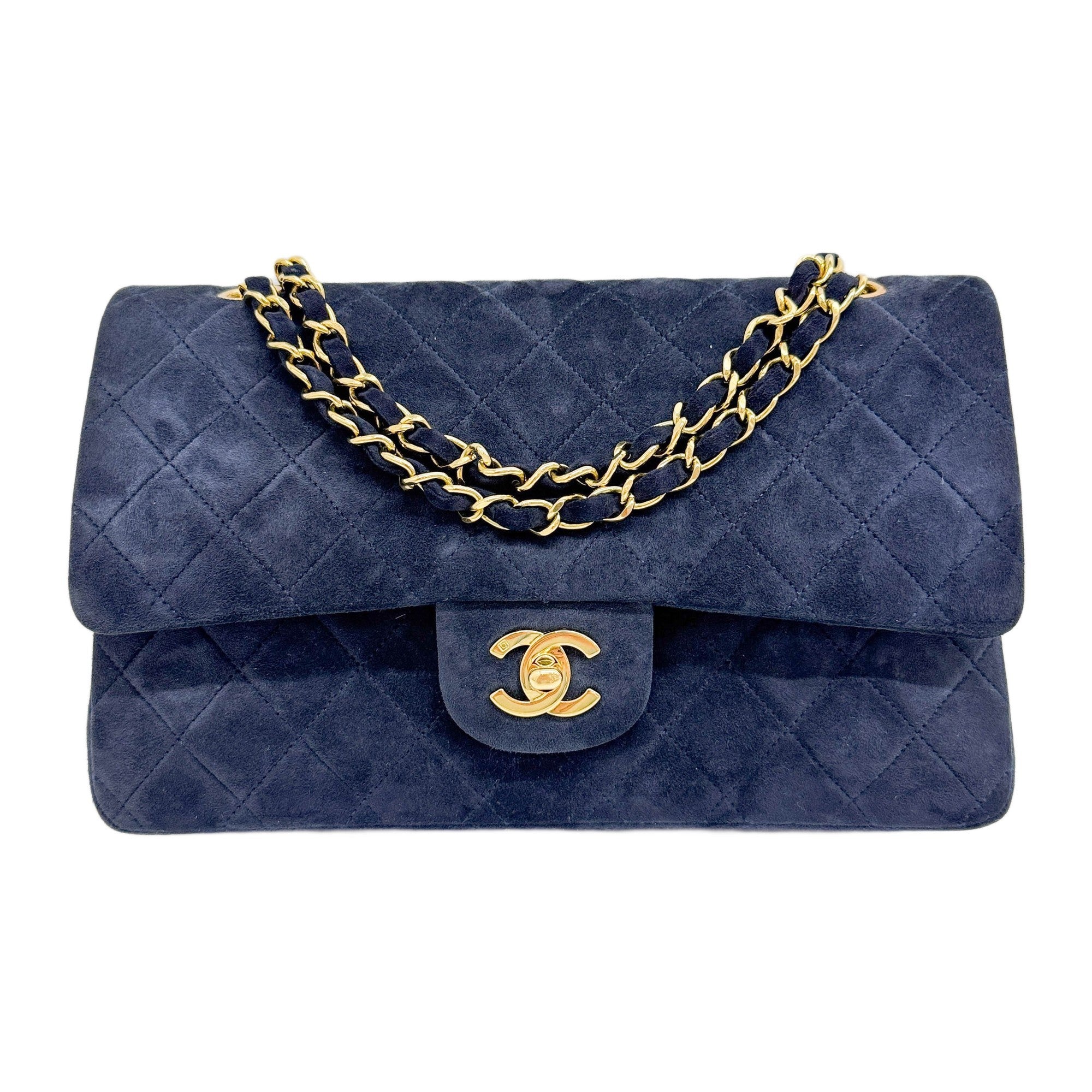 Classic Double Flap 1991-1994 Navy Blue Suede Shoulder Bag