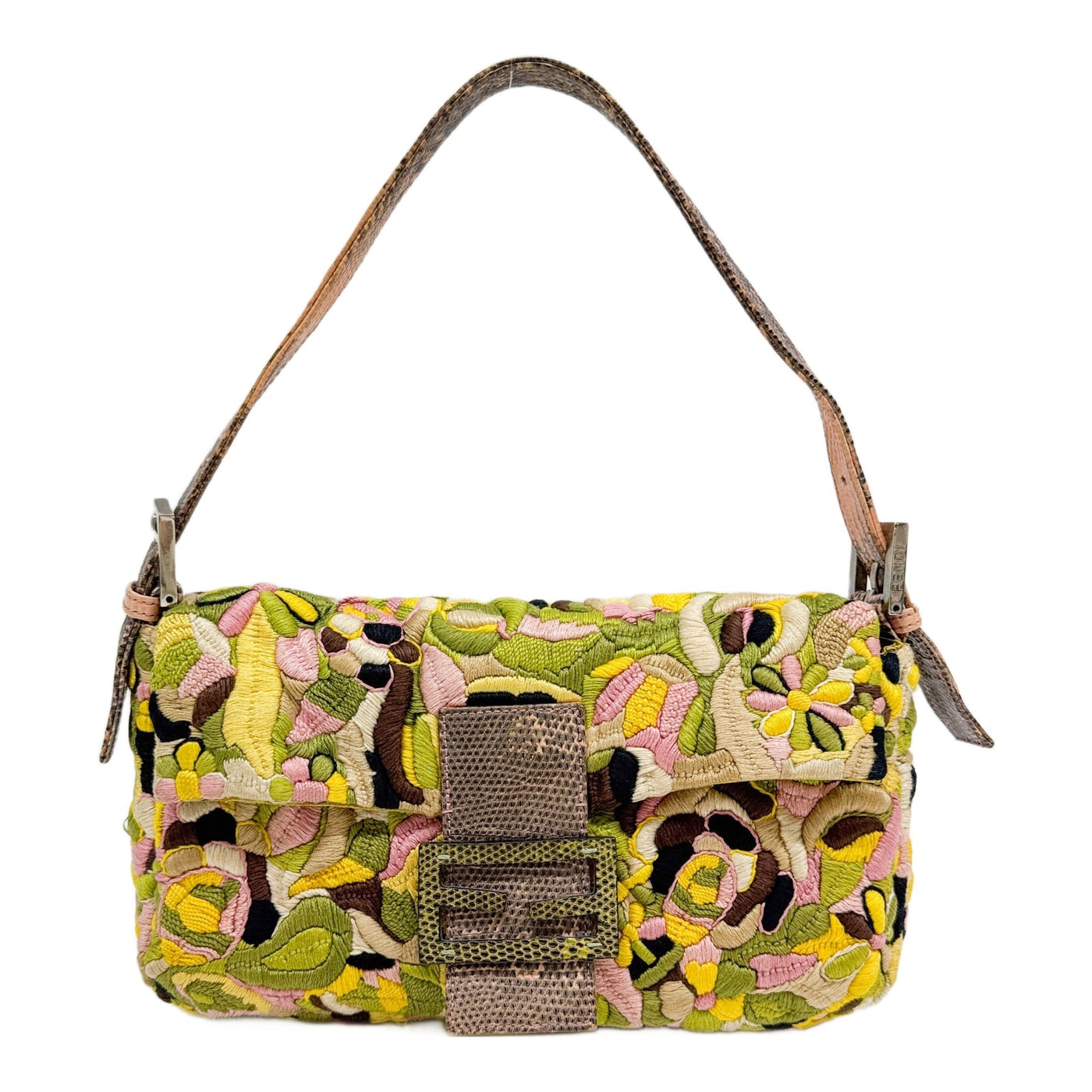 Baguette Lizard Leather Strap Floral Embroidered Multicolor Cotton Shoulder Bag