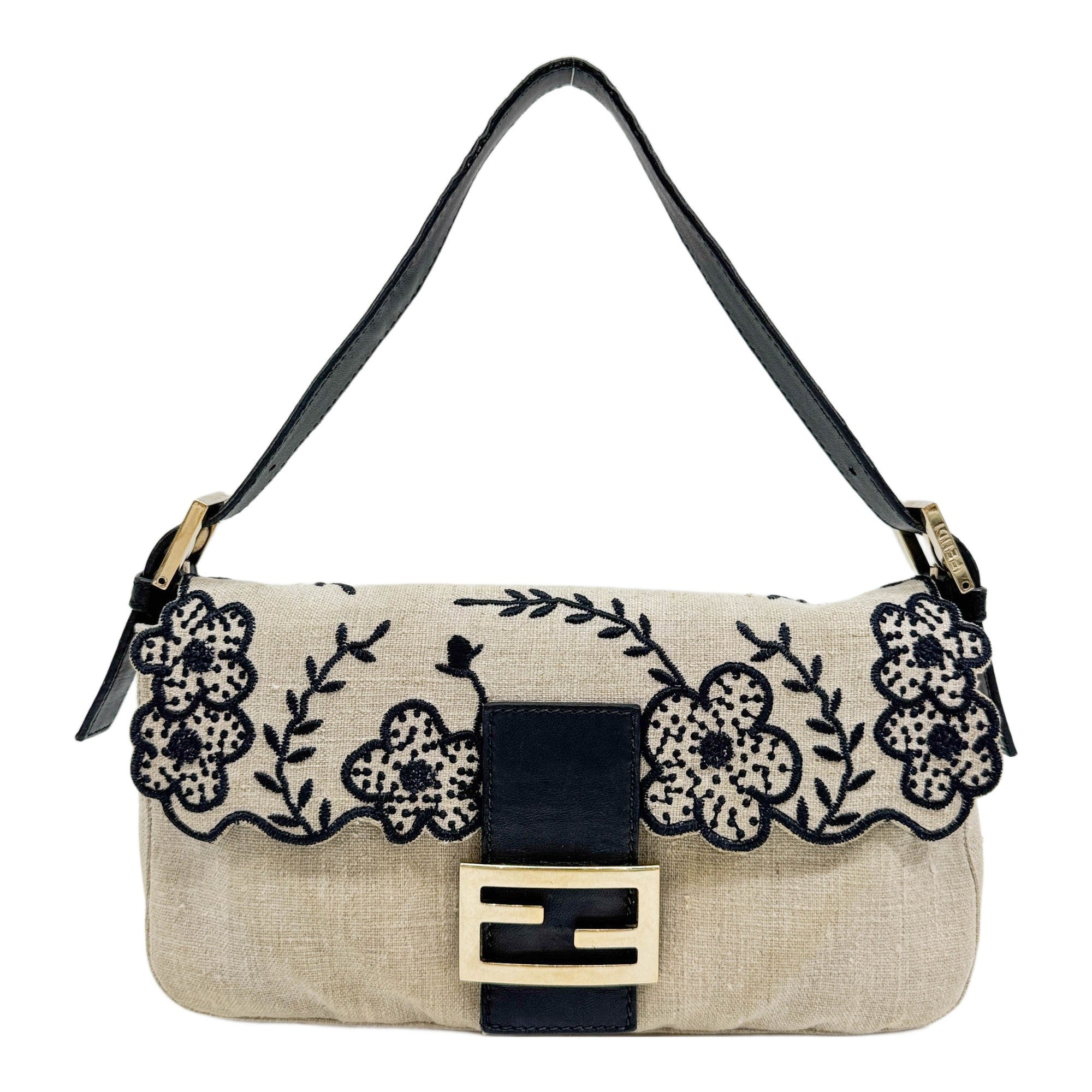 Baguette Floral Embroidered Beige Linen Shoulder Bag