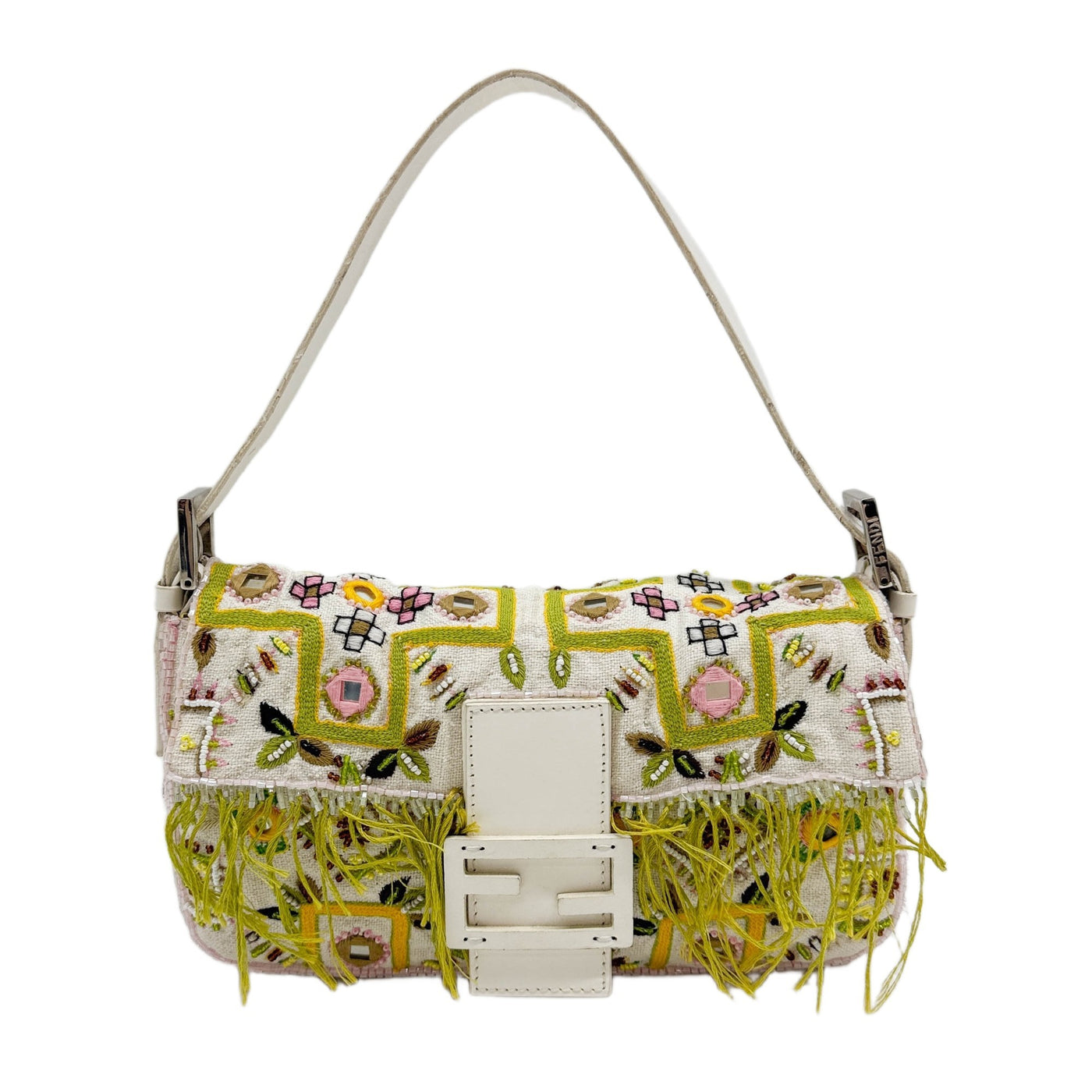 Baguette Multicolor Embroidery and Beaded White Canvas Shoulder Bag