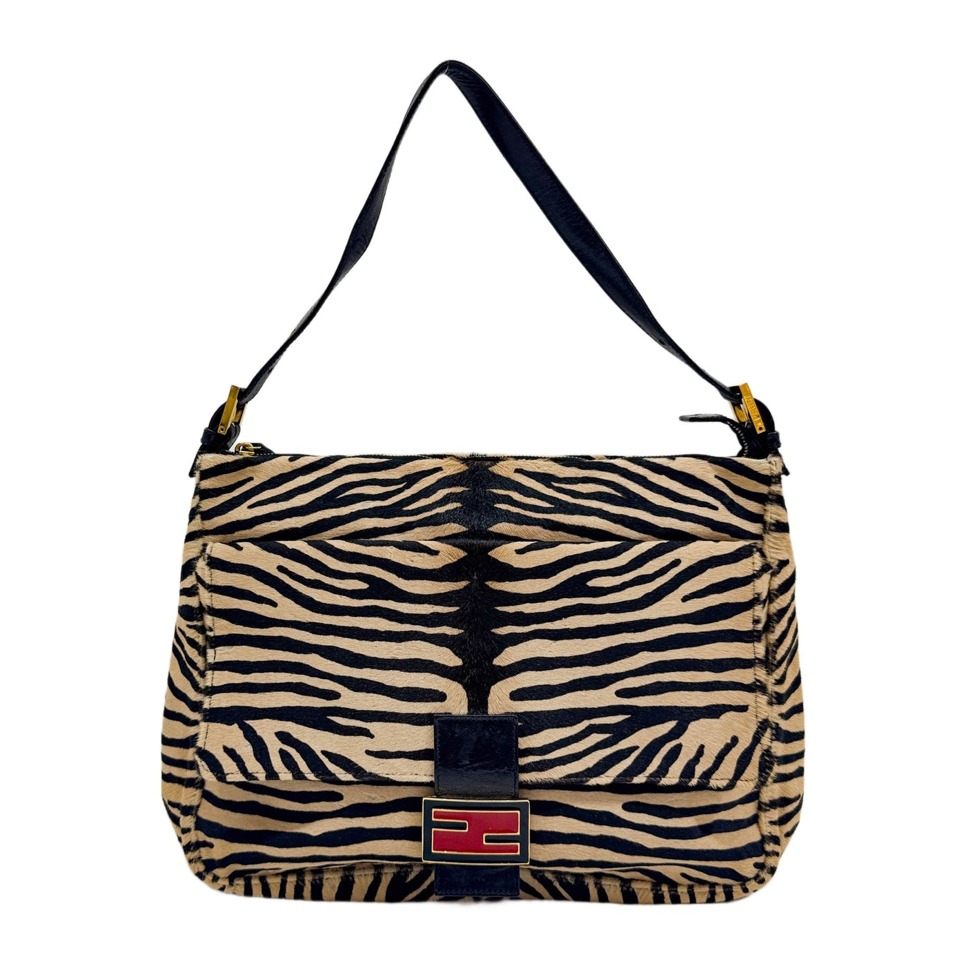 Large Mamma Baguette Front Pocket Flap Brown Zebra Print Pony Hair Shoulder Bag