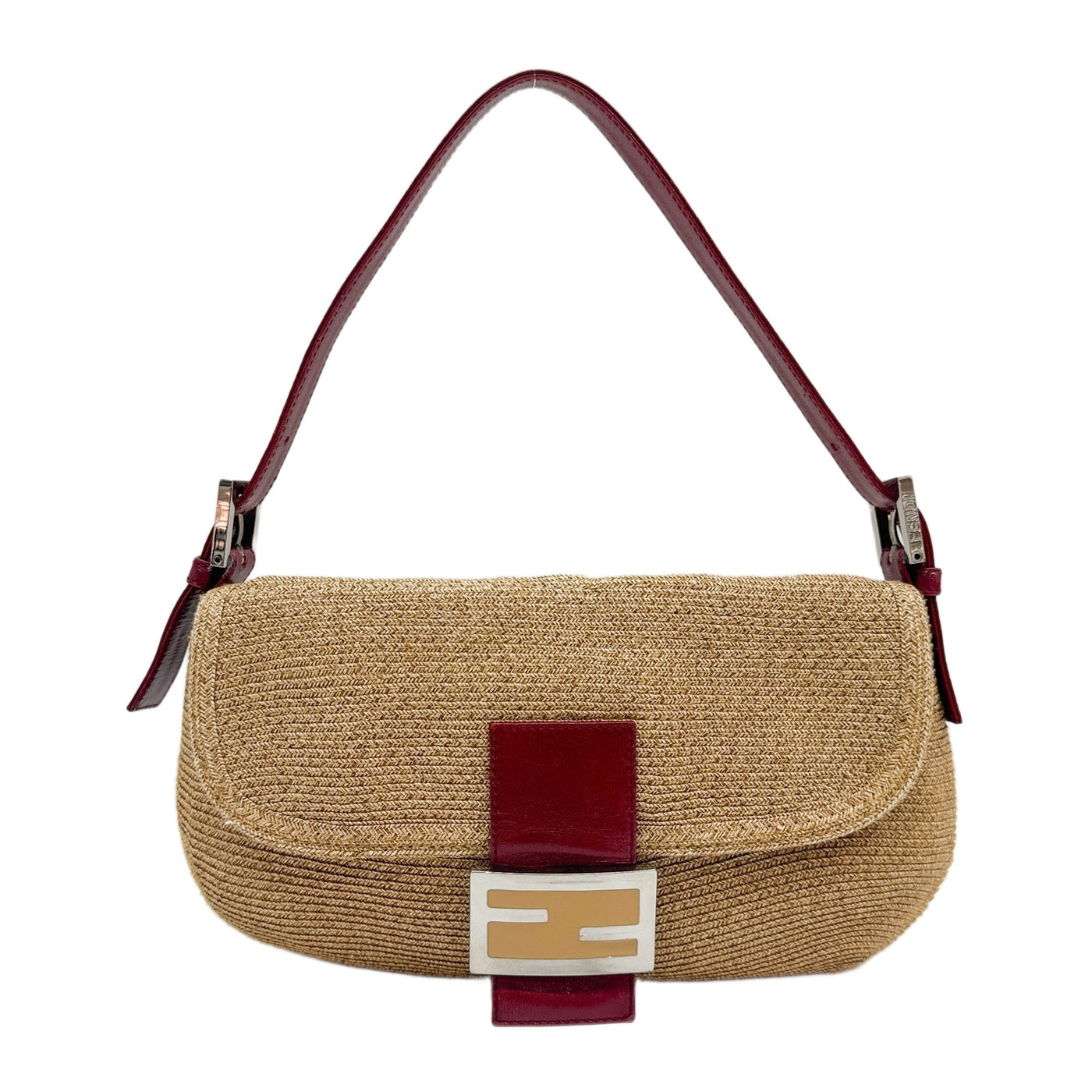 Baguette Red Leather Trim Brown Wicker Shoulder Bag