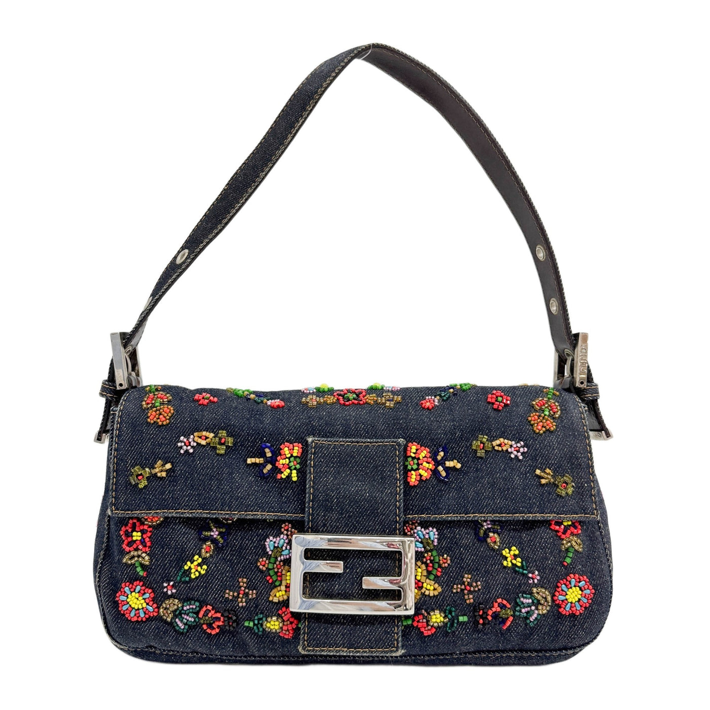 Baguette Flower Beaded Navy Denim Shoulder Bag