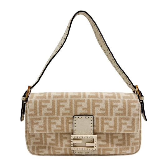 Baguette Selleria Calfskin Detail Beige Zucca Cashmere Shoulder Bag
