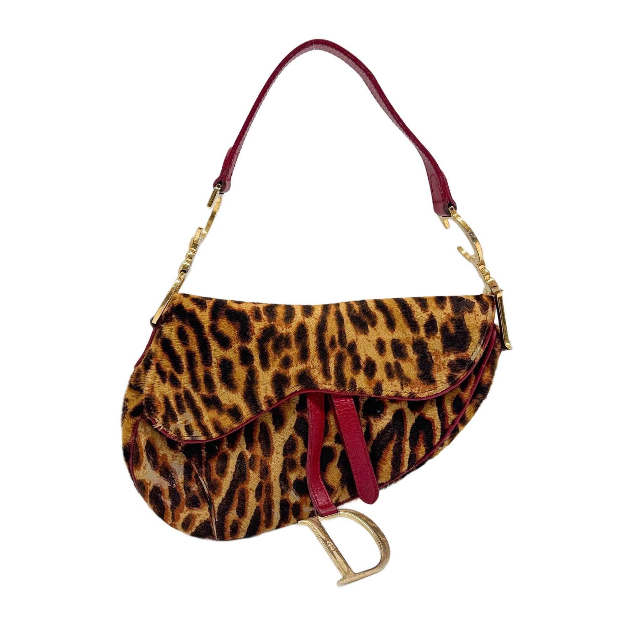Saddle Red Trim Brown Leopard Print Pony Hair Shoulder Bag