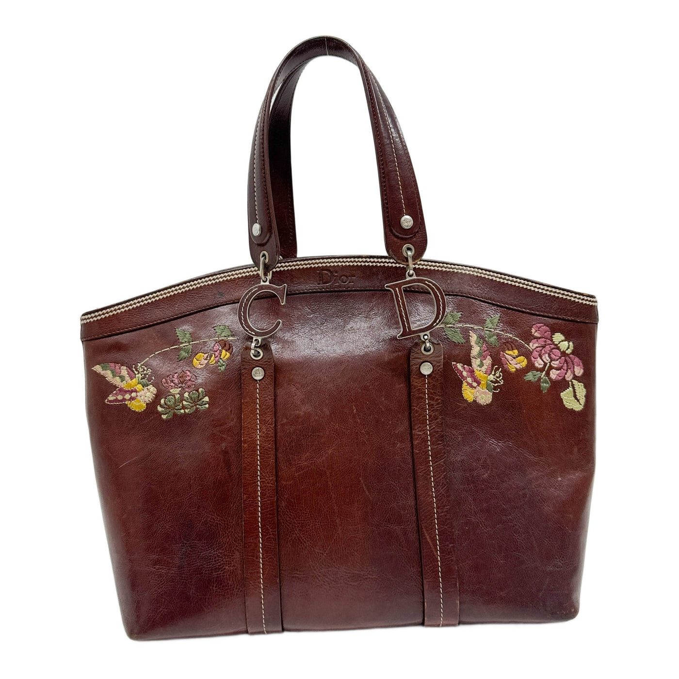 Butterfly Embroidered Brown Leather Tote Bag