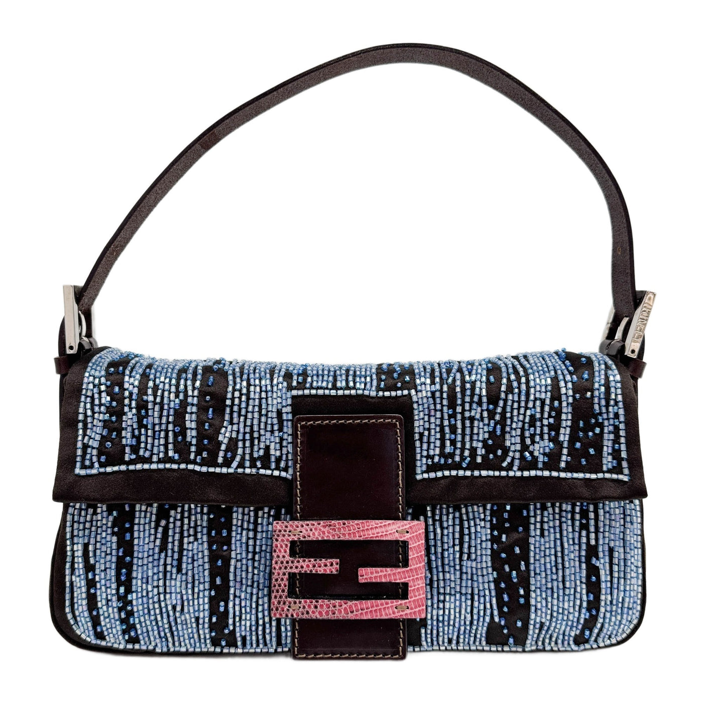 Baguette Brown Satin Blue Beads Shoulder Bag