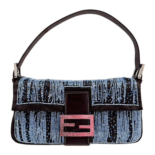 Baguette Brown Satin Blue Beads Shoulder Bag