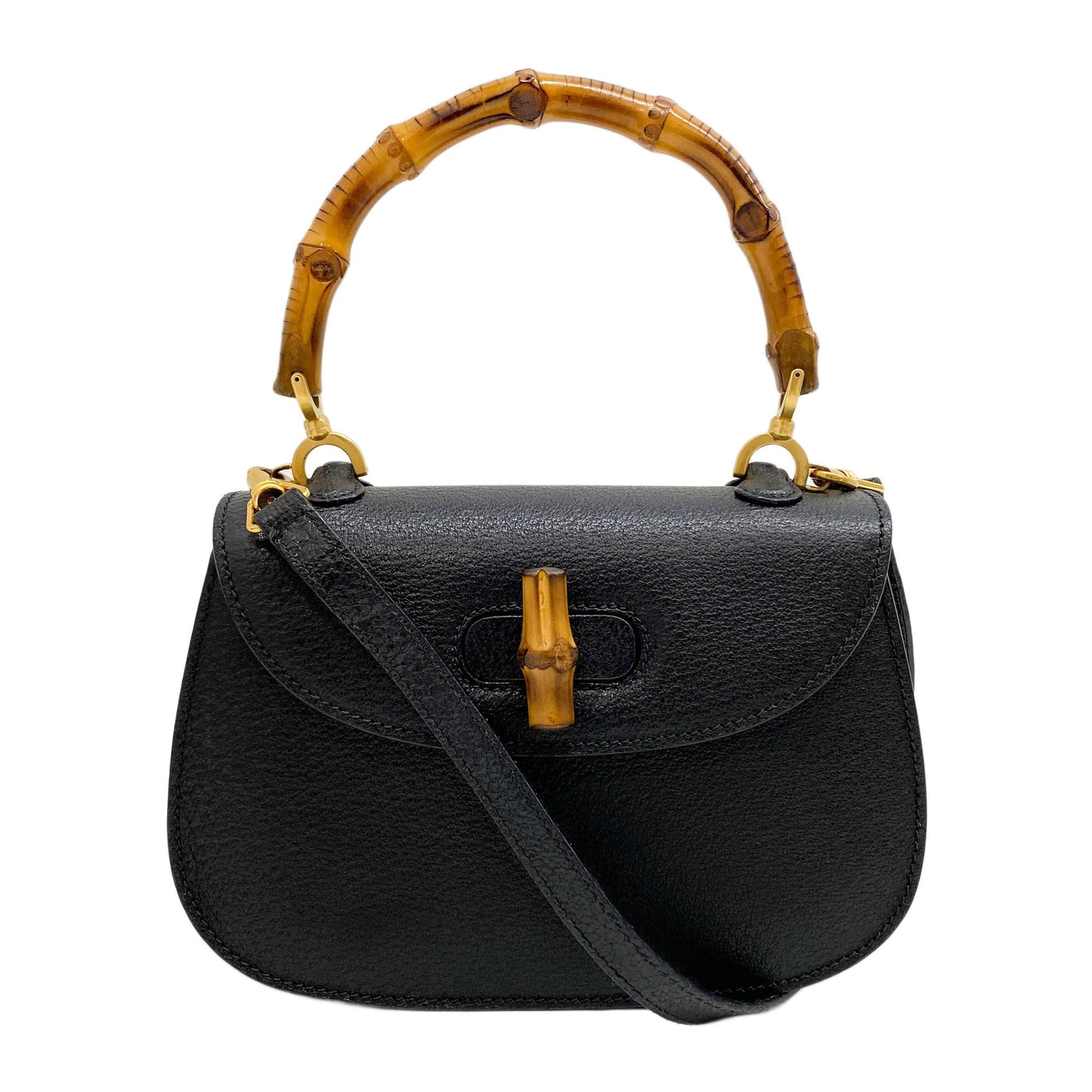 Bamboo Convertible Top Handle Black Leather Two Way Bag