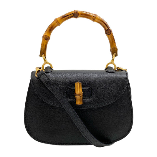 Bamboo Convertible Top Handle Black Leather Two Way Bag