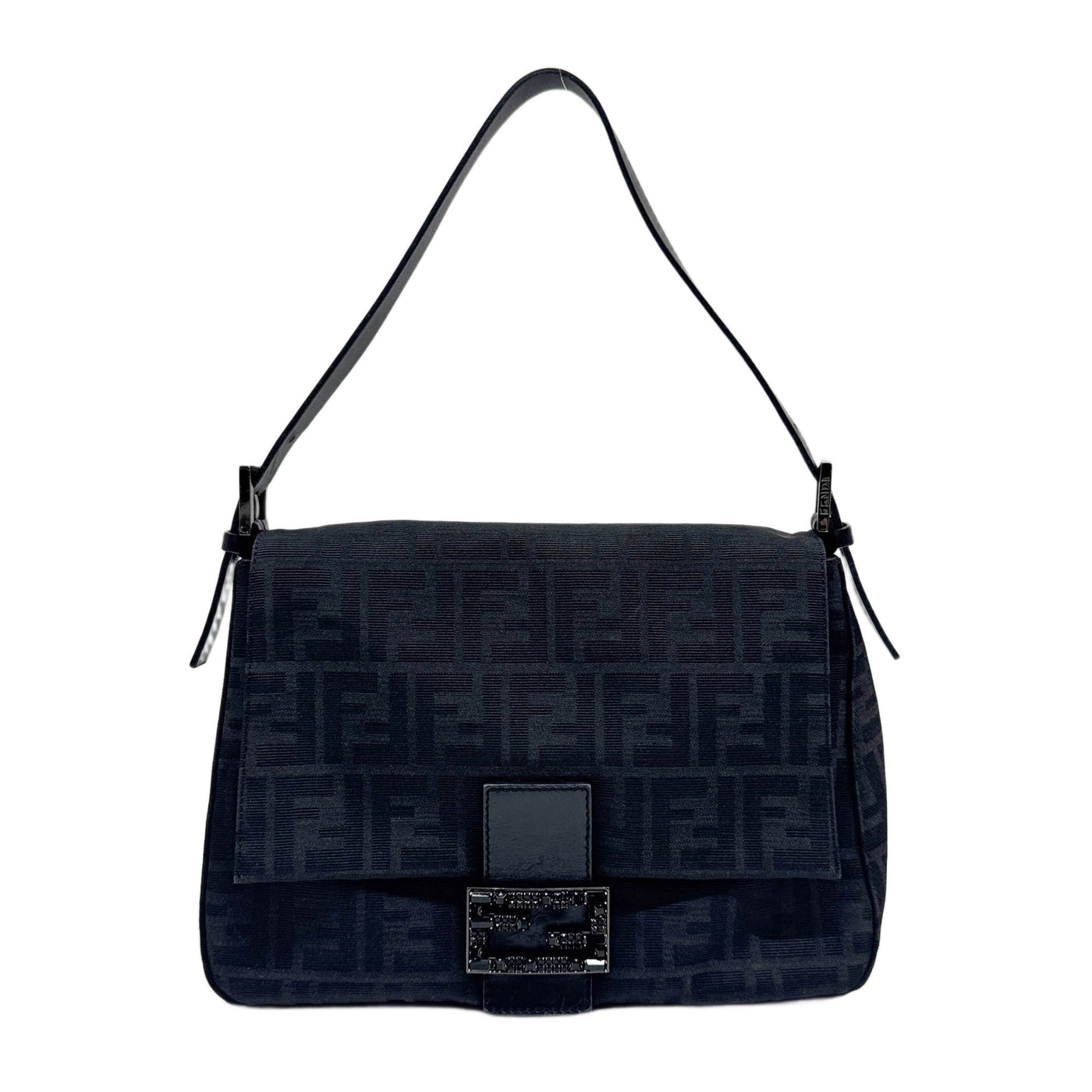 Mamma Baguette Bejewelled Logo Black Zucca Canvas Shoulder Bag