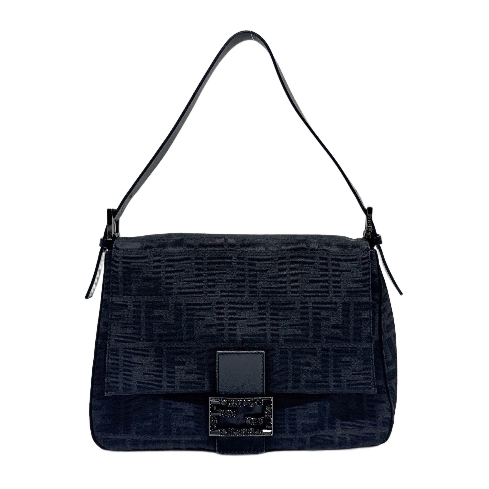 Mamma Baguette Bejewelled Logo Black Zucca Canvas Shoulder Bag