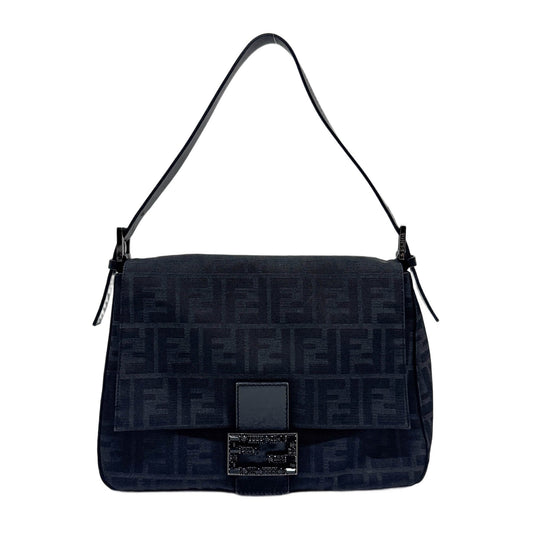 Mamma Baguette Bejewelled Logo Black Zucca Canvas Shoulder Bag