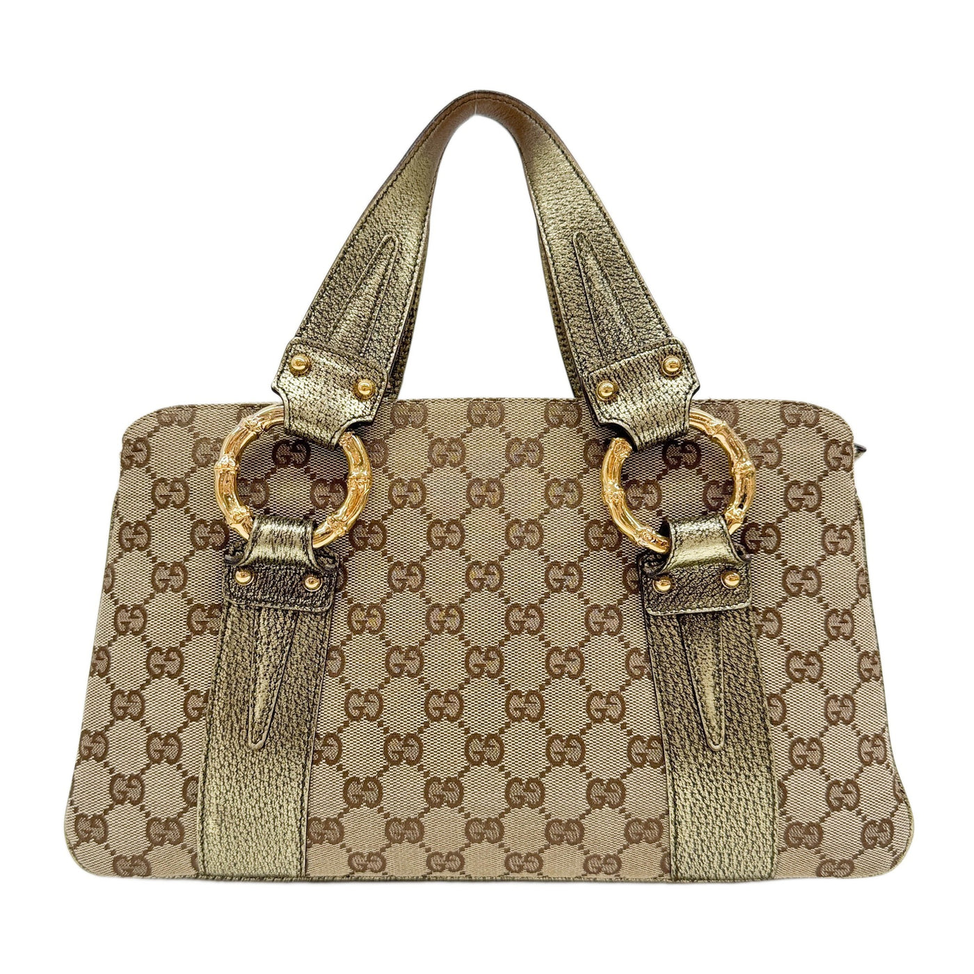 Bamboo Ring Gold Leather Trim Brown GG Canvas Hand Bag