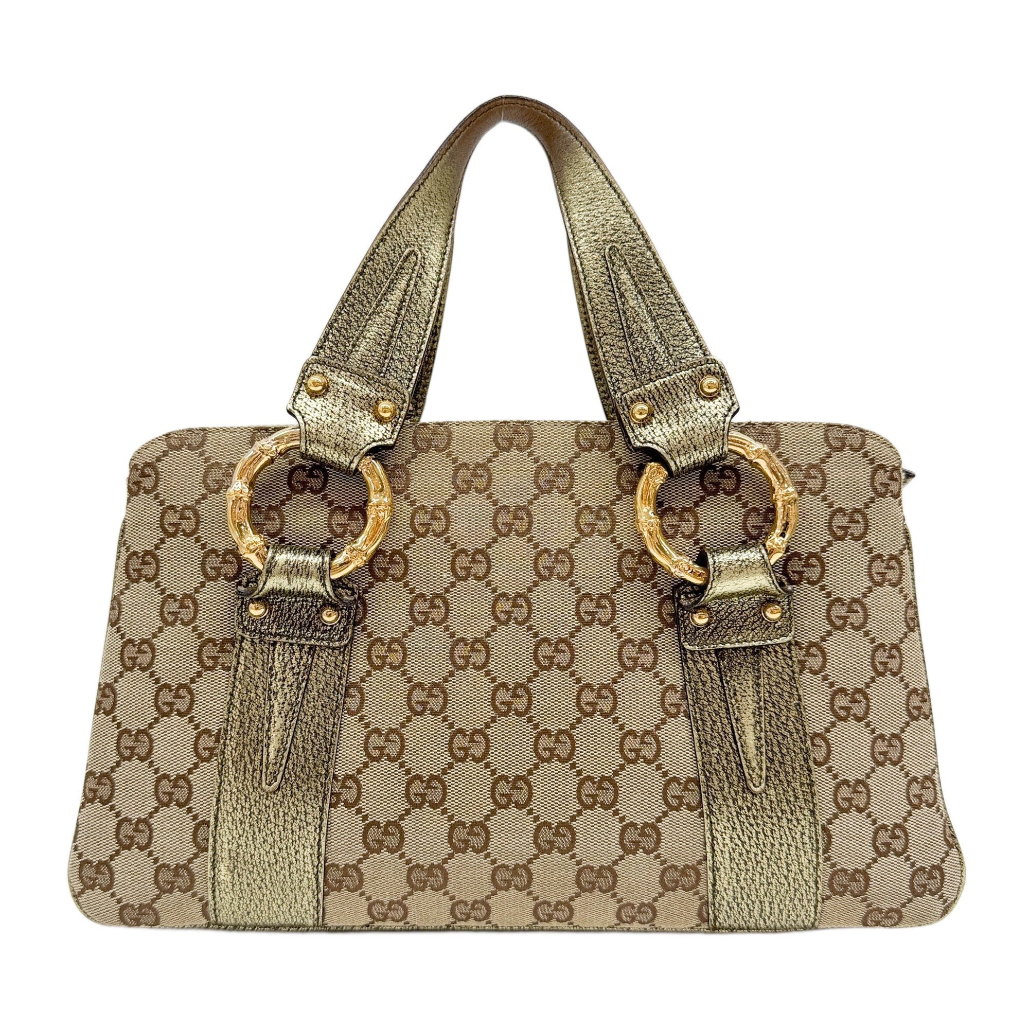 Bamboo Ring Gold Leather Trim Brown GG Canvas Hand Bag