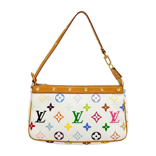 LV x Takashi Murakami Pochette Accessoire Multicolor Monogram White Canvas Handle Bag