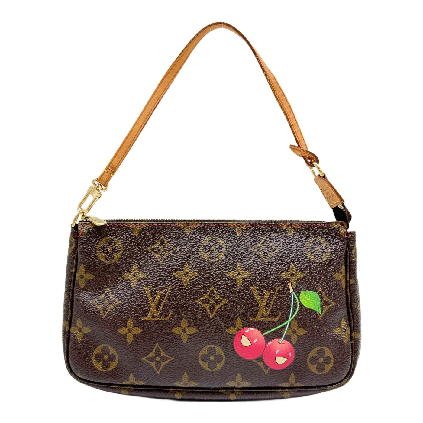 LV x Takashi Murakami Pochette Accessoire Cherry Design Brown Monogram Canvas Hand Bag