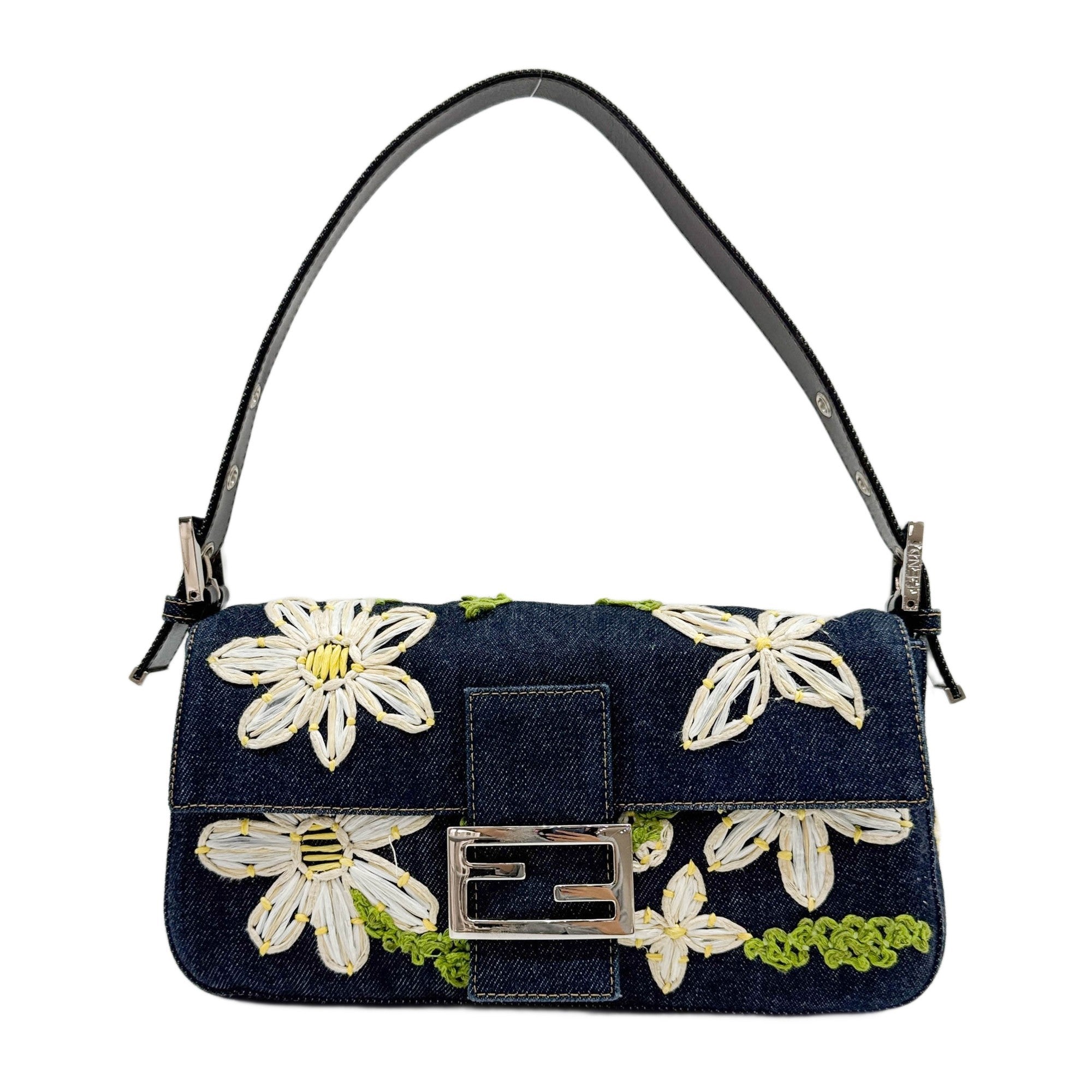 Baguette Flower Embroidery Navy Denim Shoulder Bag