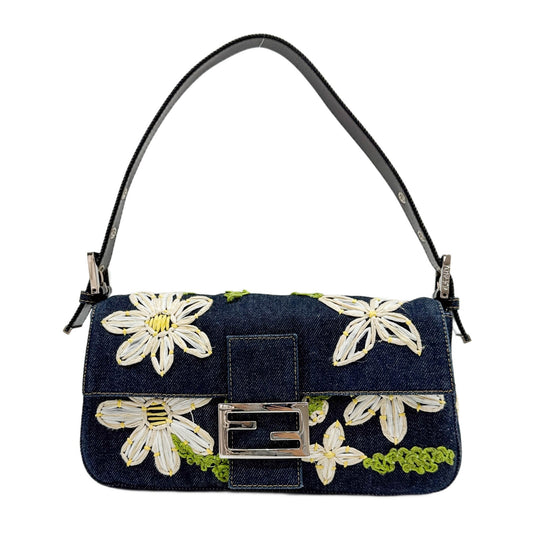 Baguette Flower Embroidery Navy Denim Shoulder Bag