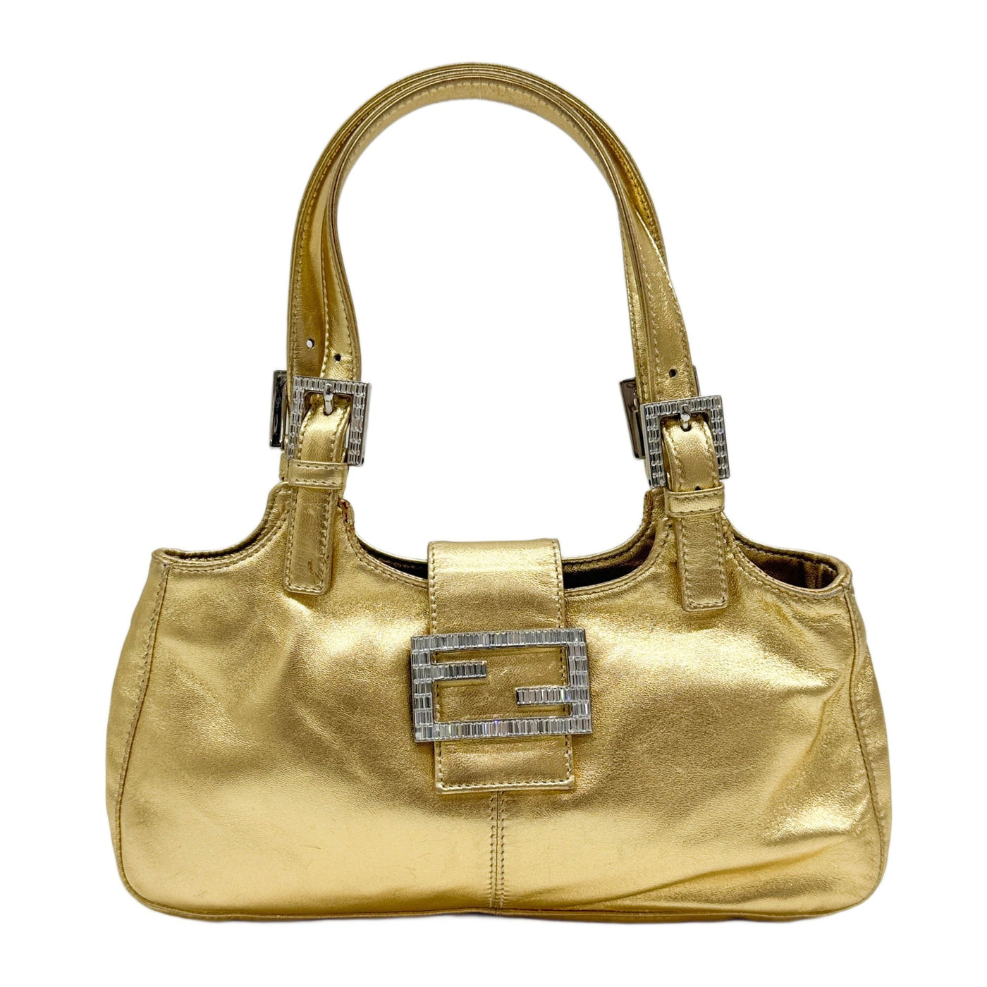 Embellished Hardware Gold Leather Shoulder Bag