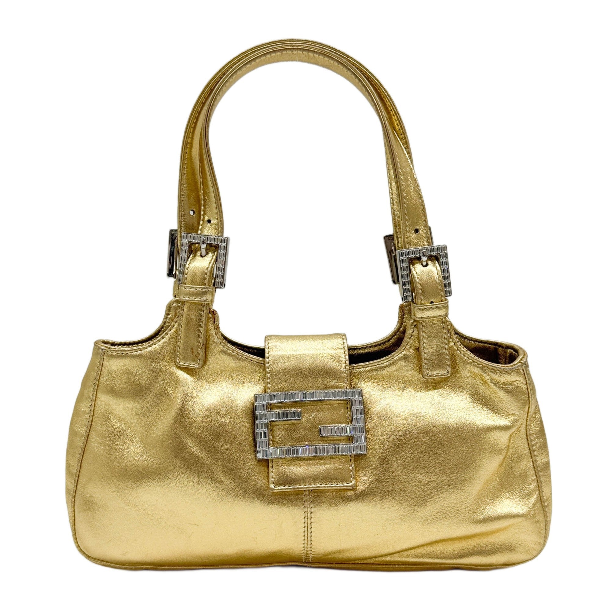 Embellished Hardware Gold Leather Shoulder Bag