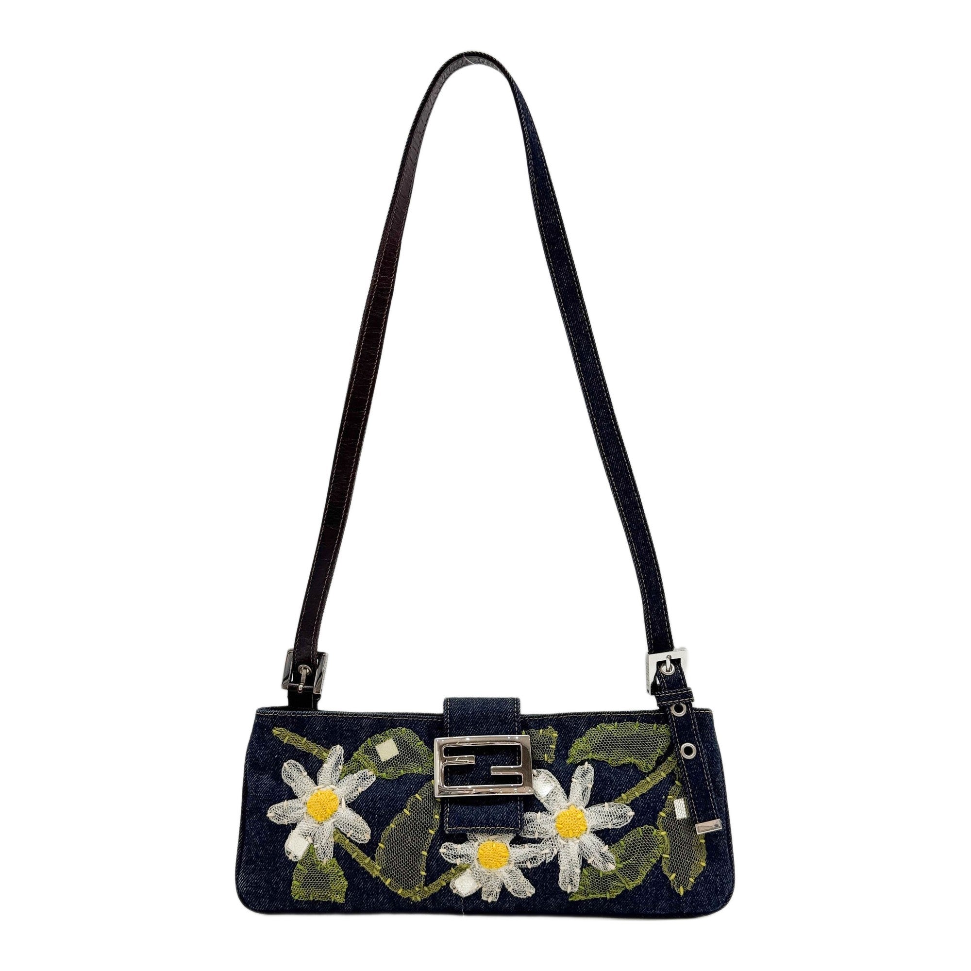 Flat Baguette Denim Flower Tulle Embroidery Shoulder Bag