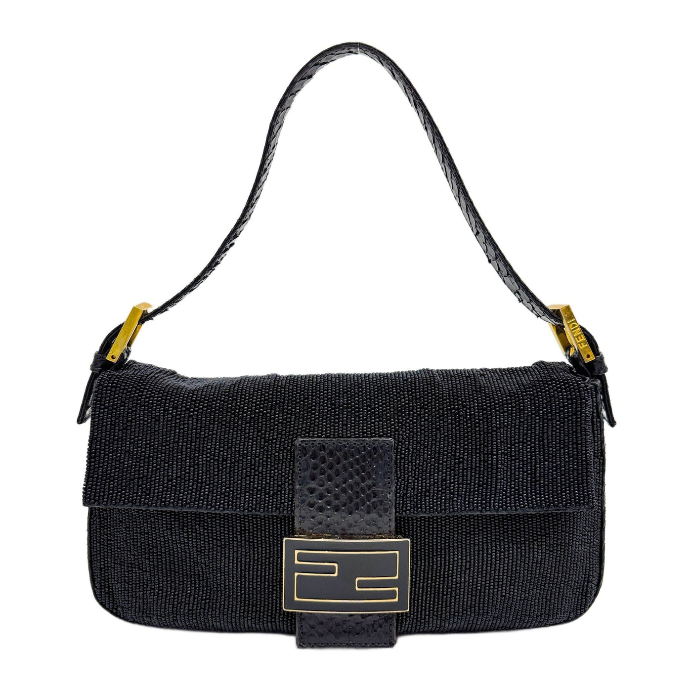 Baguette Black Beaded with Python Embossed Leather Shoulder Bag
