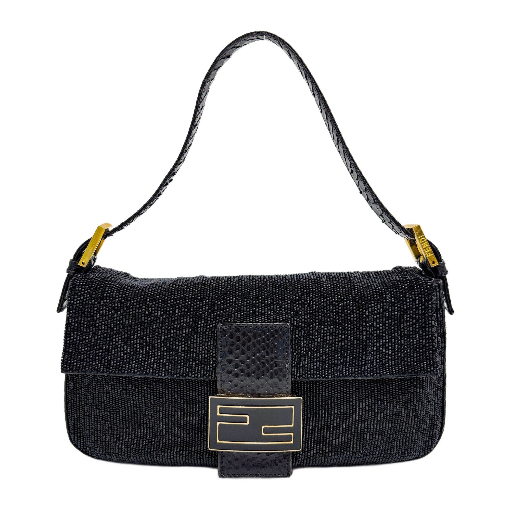 Baguette Black Beaded with Python Embossed Leather Shoulder Bag