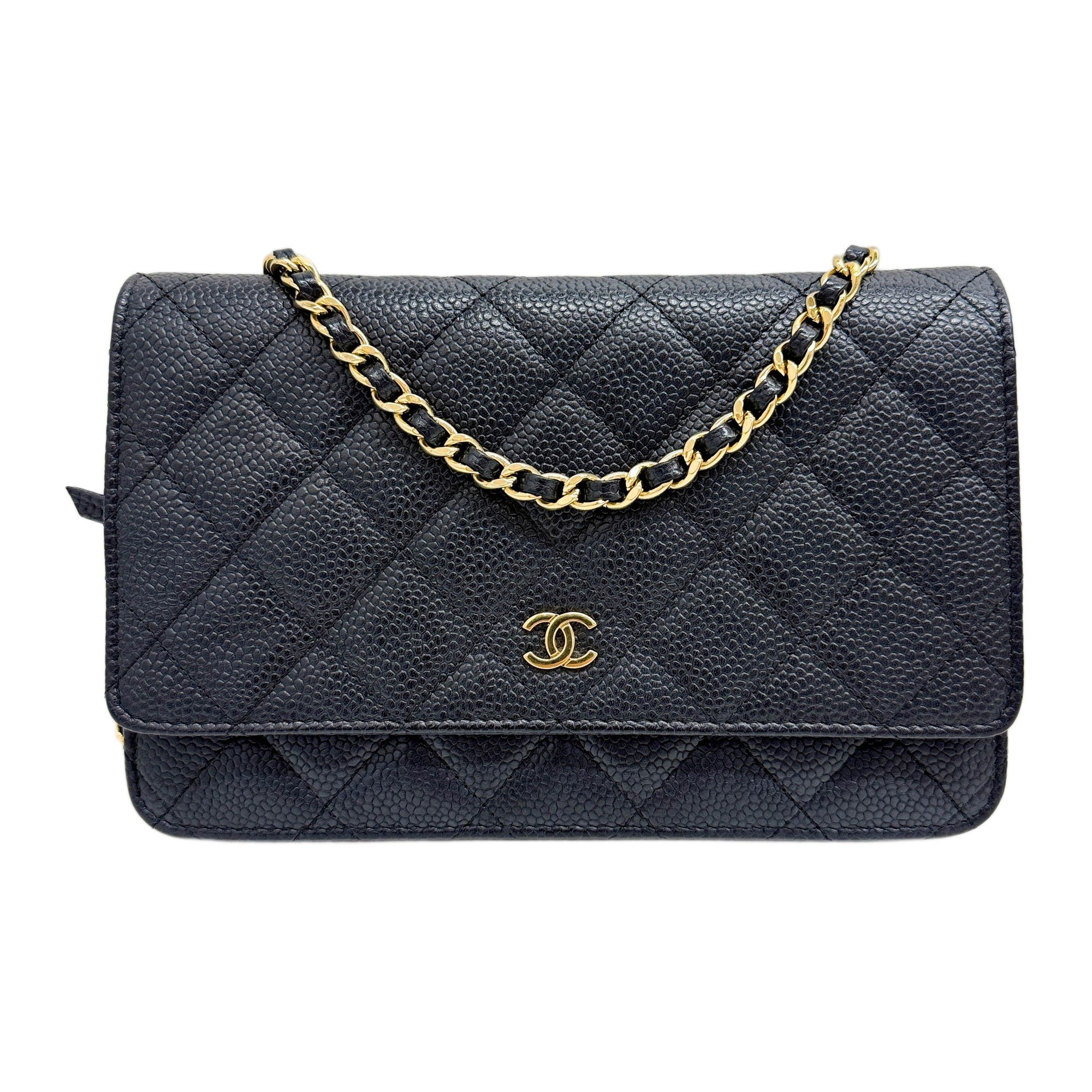 Wallet On Chain 2017 Matelasse Black Leather with Gold Hardware Crossbody Bag