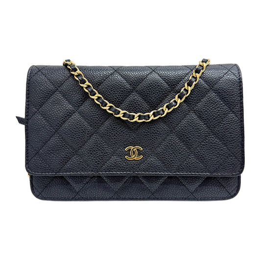 Wallet On Chain 2017 Matelasse Black Leather with Gold Hardware Crossbody Bag