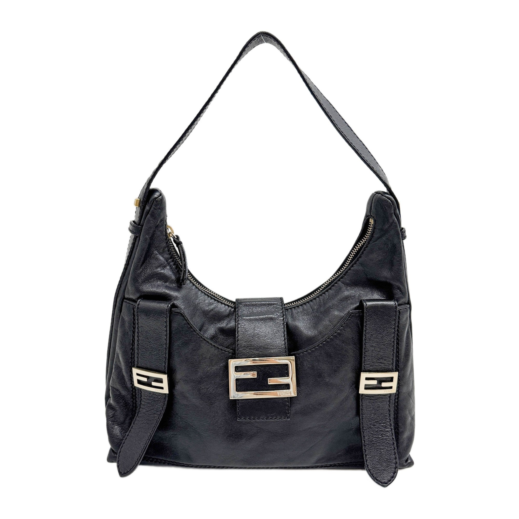 Black Leather Double Belt Hobo Shoulder Bag