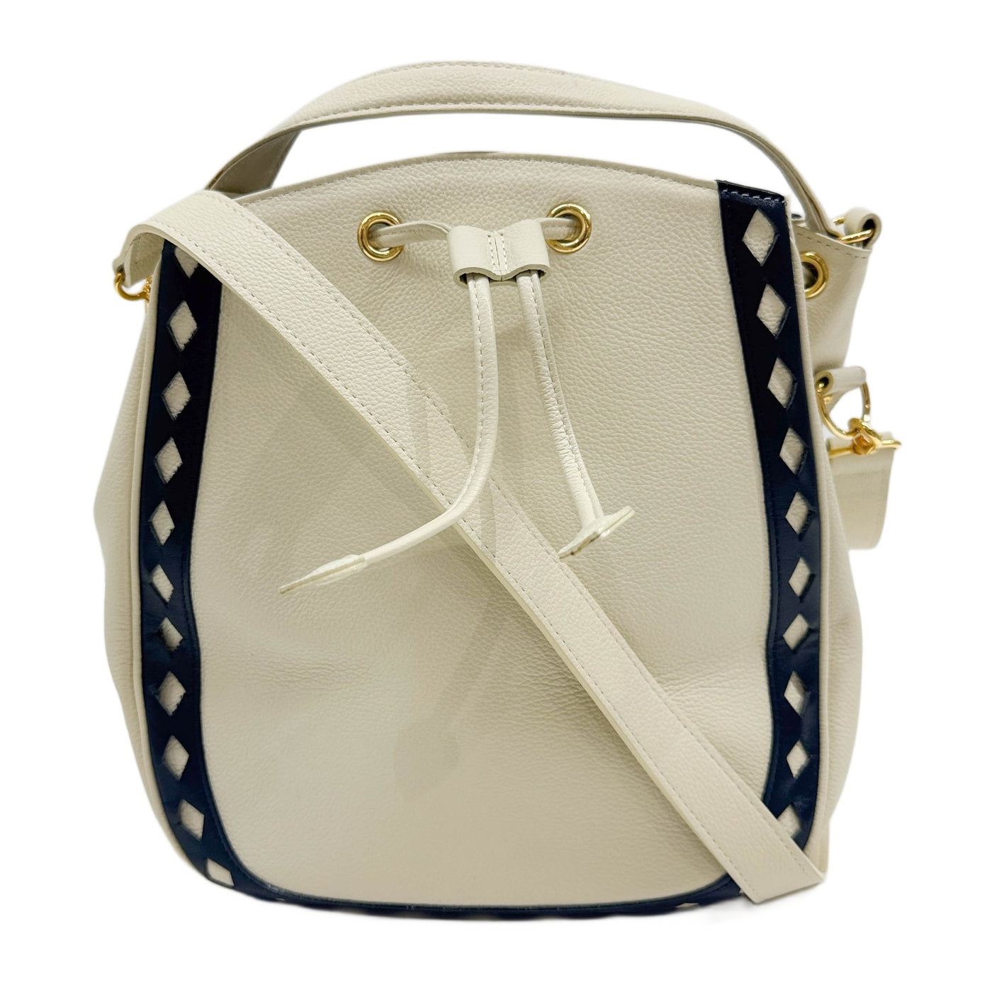 Beige Leather Black Cutout Frame Detail Handle Bag