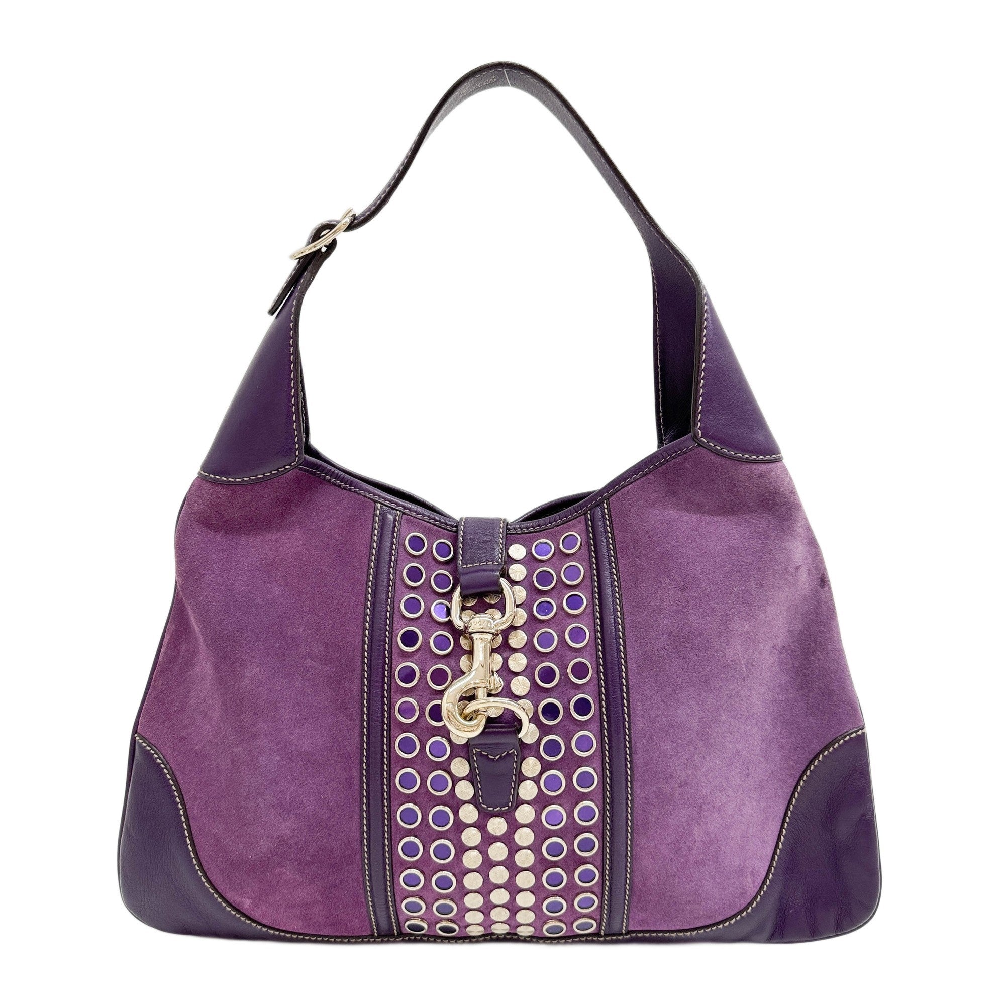 Jackie O Bouvier Leather Trim Studded Purple Suede Shoulder Bag