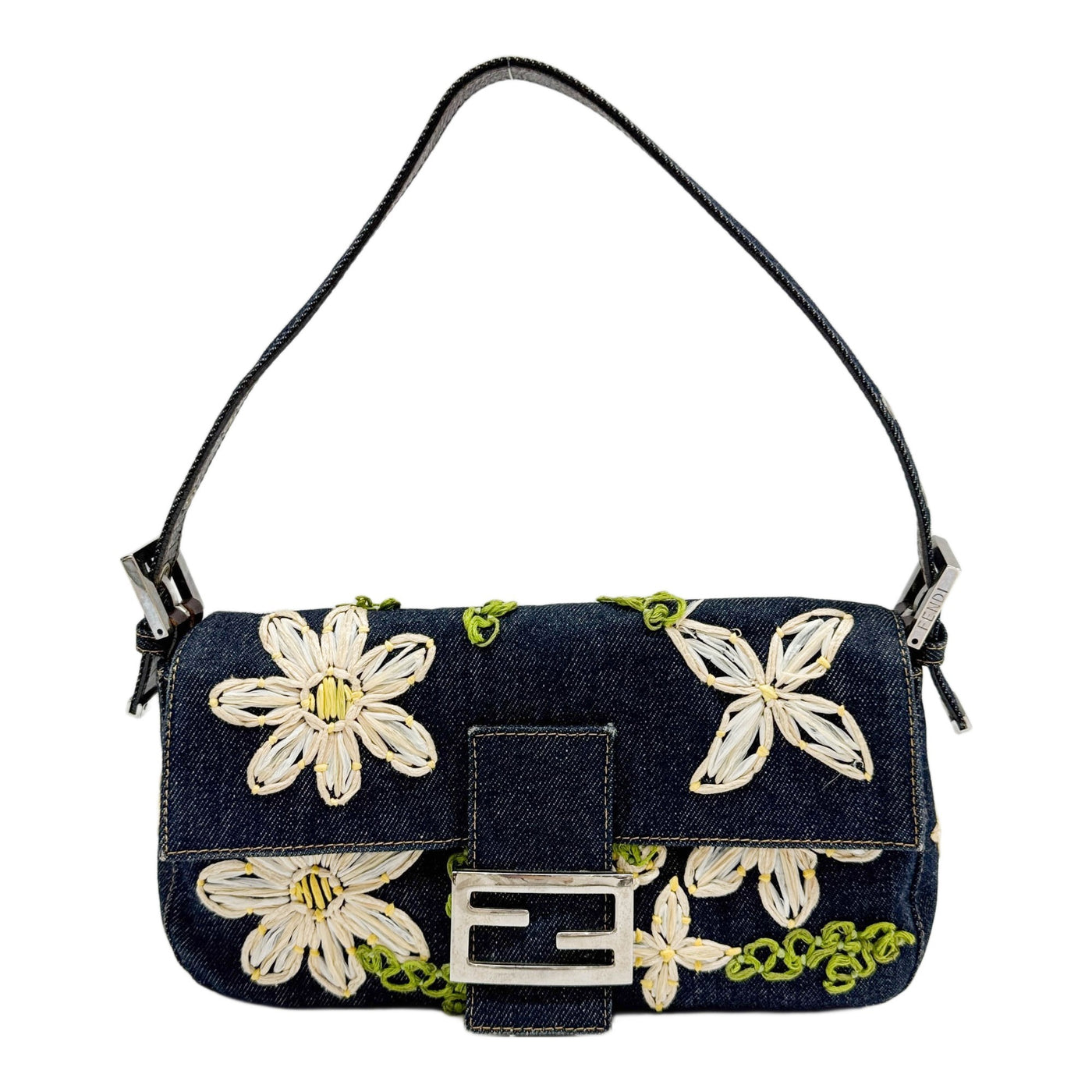 Baguette Rafia Embroidered Navy Denim Shoulder Bag