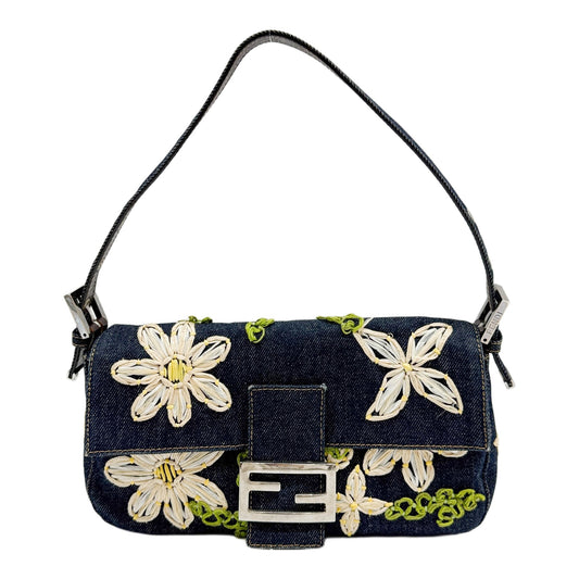 Baguette Rafia Embroidered Navy Denim Shoulder Bag