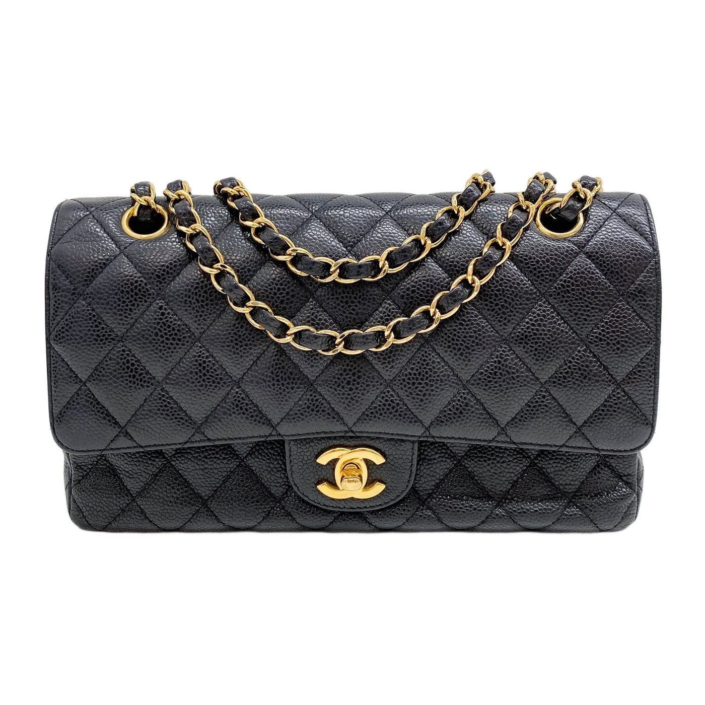 Double Flap 2019-2020 Black Caviar Skin Leather Chain Shoulder Bag