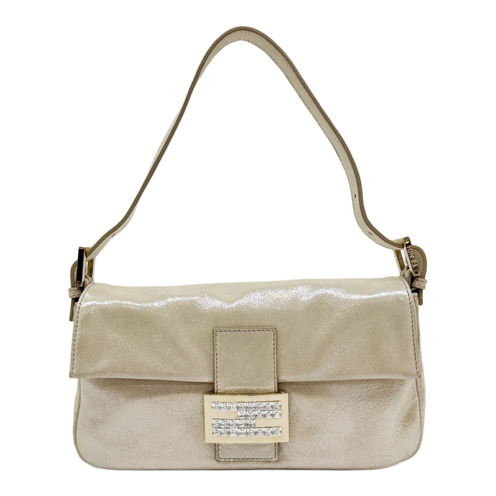 Baguette Rhinestone Logo Glittery Beige Leather Shoulder Bag