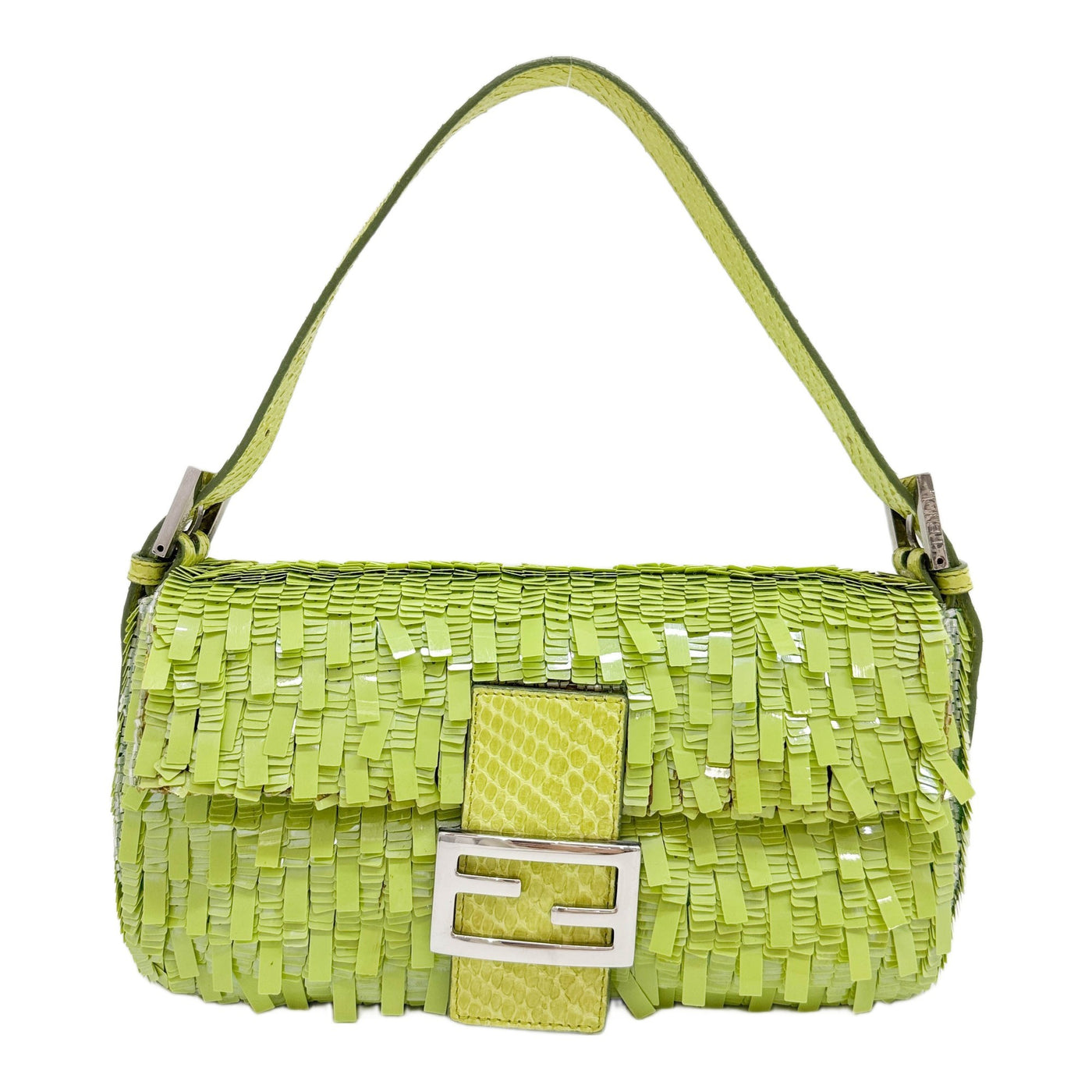Baguette Python Leather Trim Lime Green Sequin Shoulder Bag