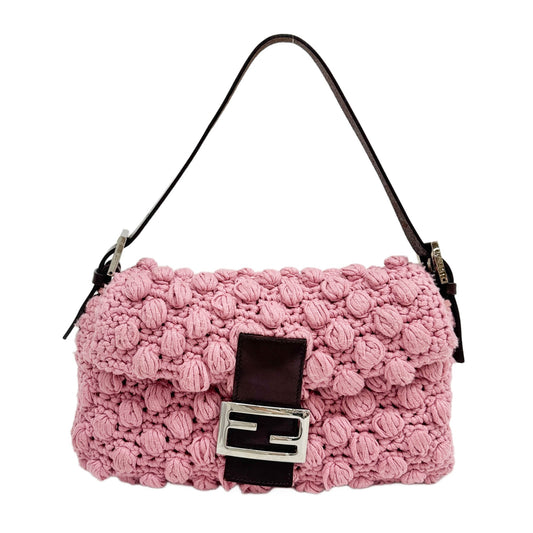 Baguette Popcorn Knit Pink Wool Shoulder Bag