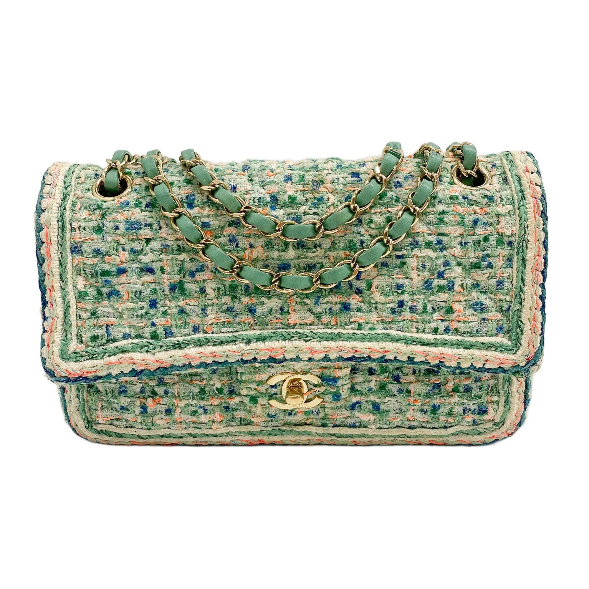 Classic Double Flap 2019 Multicolor Woven Mint Green Tweed Shoulder Bag