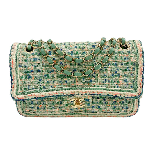 Classic Double Flap 2019 Multicolor Woven Mint Green Tweed Shoulder Bag