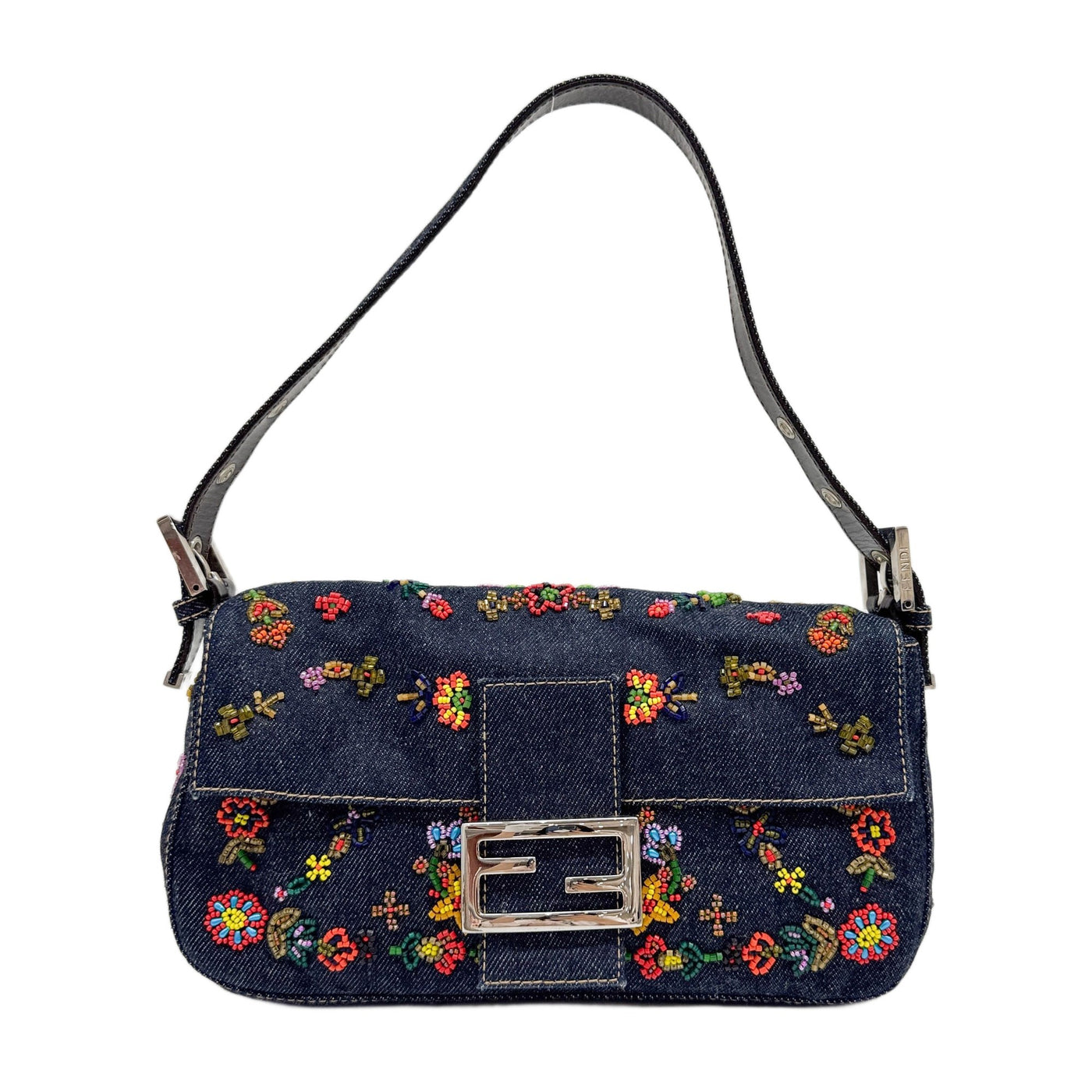 Baguette Flower Beaded Navy Denim Shoulder Bag