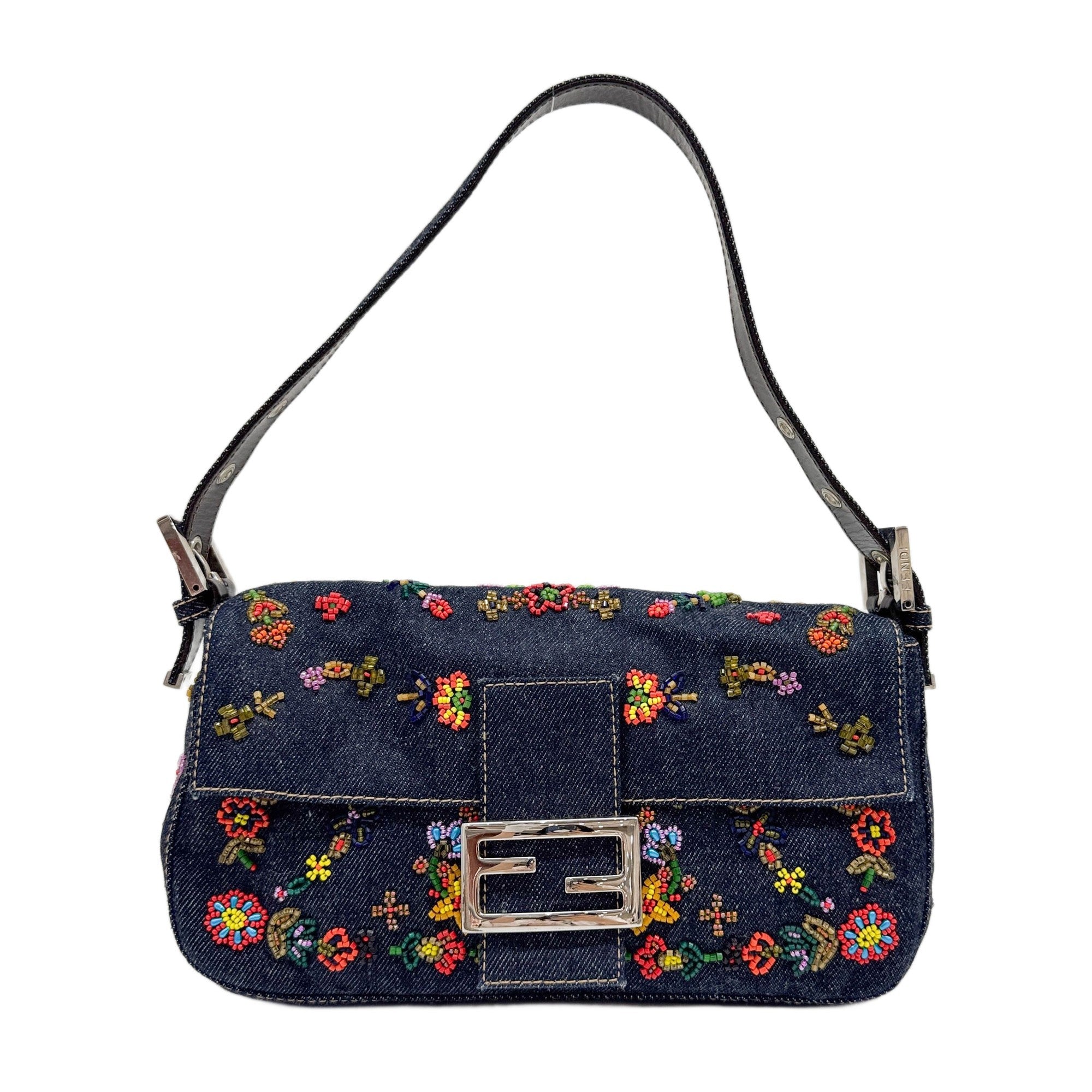 Baguette Flower Beaded Navy Denim Shoulder Bag